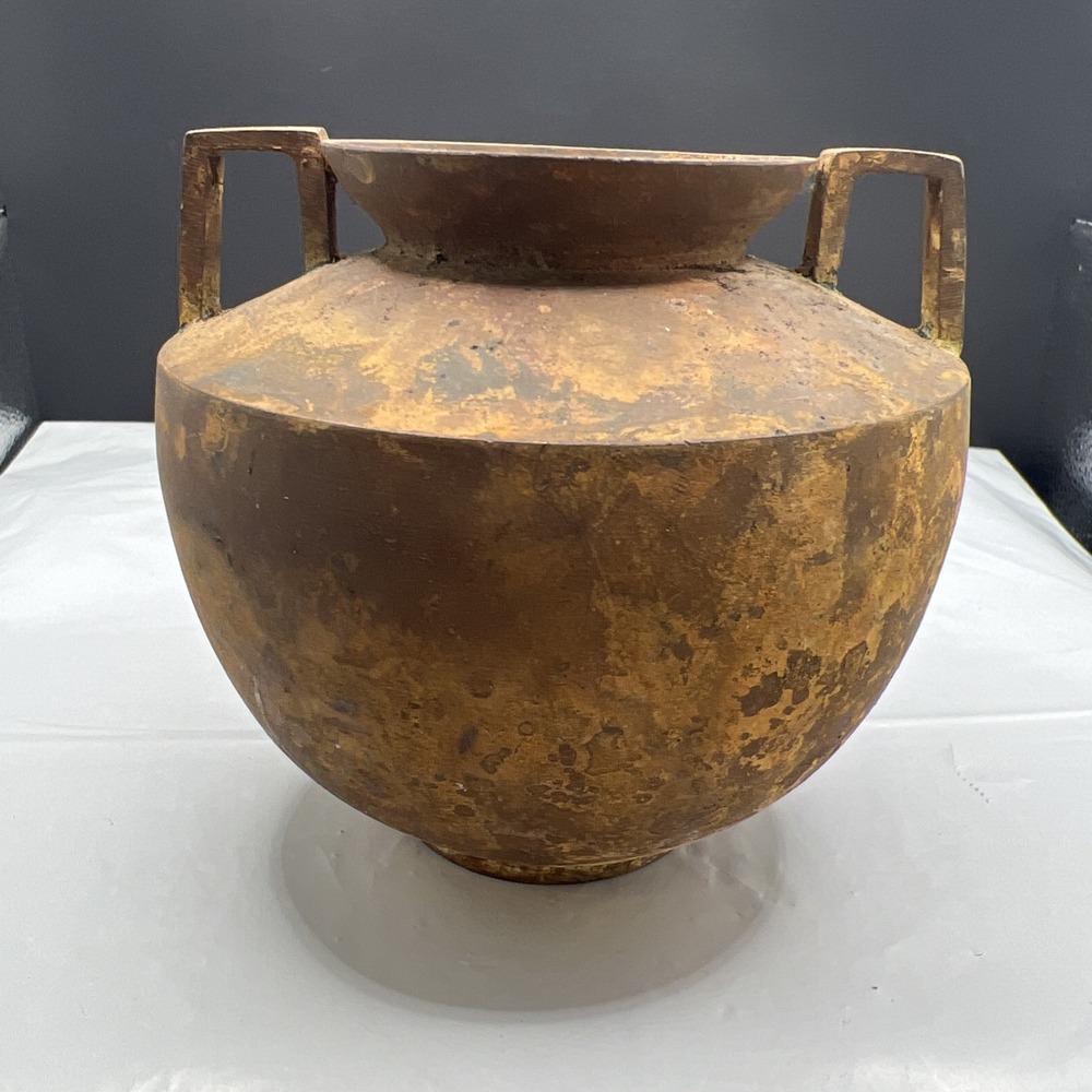 Vintage Heavy Patinated Metal Urn Vase Double Handle 4.25" Brutalist Rustic Boho
